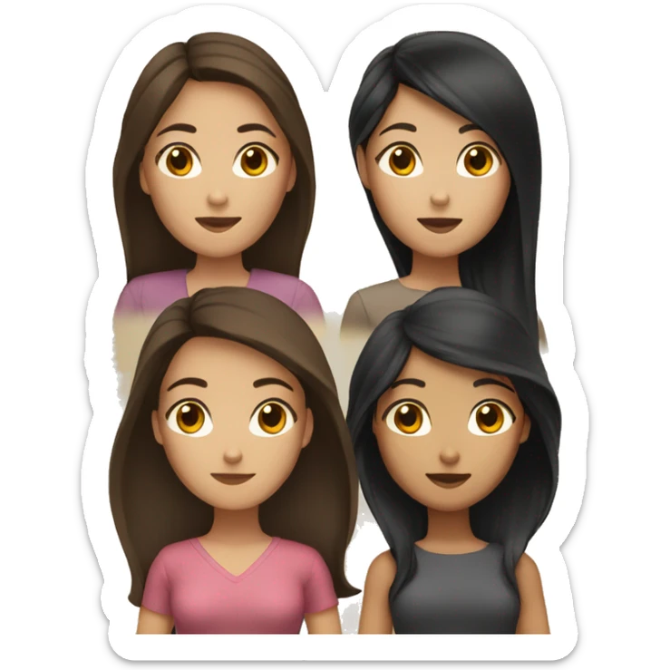 3 women, 2 black with dark hair, brown eyes, 1 asian woman, long brown hair, brown eyes sticker