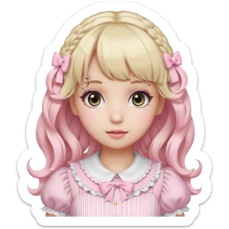 pale girl, curly blonde and baby pink hair, bangs, grey eyes, doll makeup, light pink lolita hime gyaru dress, emoji style sticker