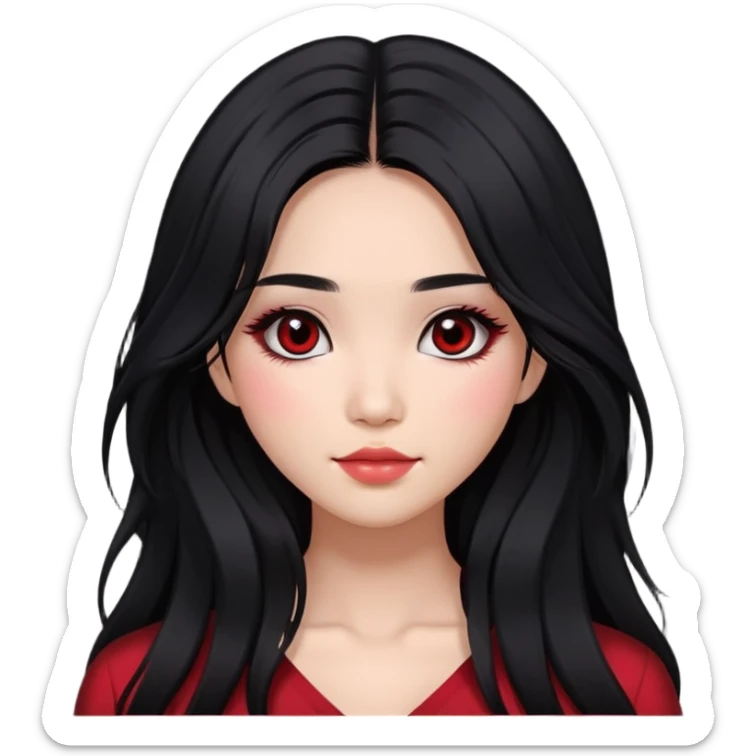 Asian girl with very long shaggy black hair, big dark eyes. middle part hair. long lower lashes, cheekbones with red blush. big dimples. simple dark makeup.  sticker