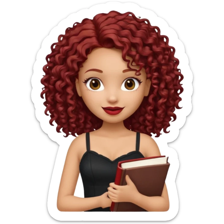 generate a pretty bratz girl curly dark red hair, brown lipstick on, smiling. Book in hand, wearing a black cami top. sticker