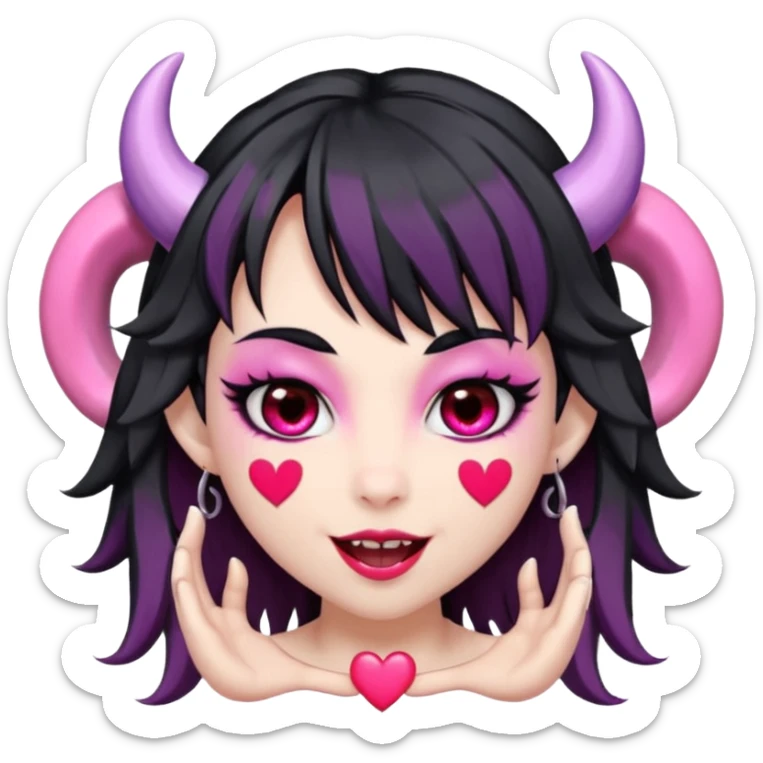 succubus,-pink-irises,-heart-pupils,-black-shaggy-hair,-straight-across-fringe,-grey-skin,-white-horns-curving-towards-forehead,-succubus-horns,-flirty-smile,-full-lips,-black-lips,-cute-fangs sticker