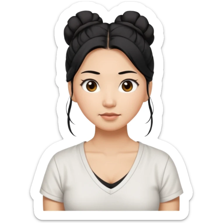asian mom with long black hair tied in up in a messy bun and big brown eyes emoji in a white v neck shirt sticker