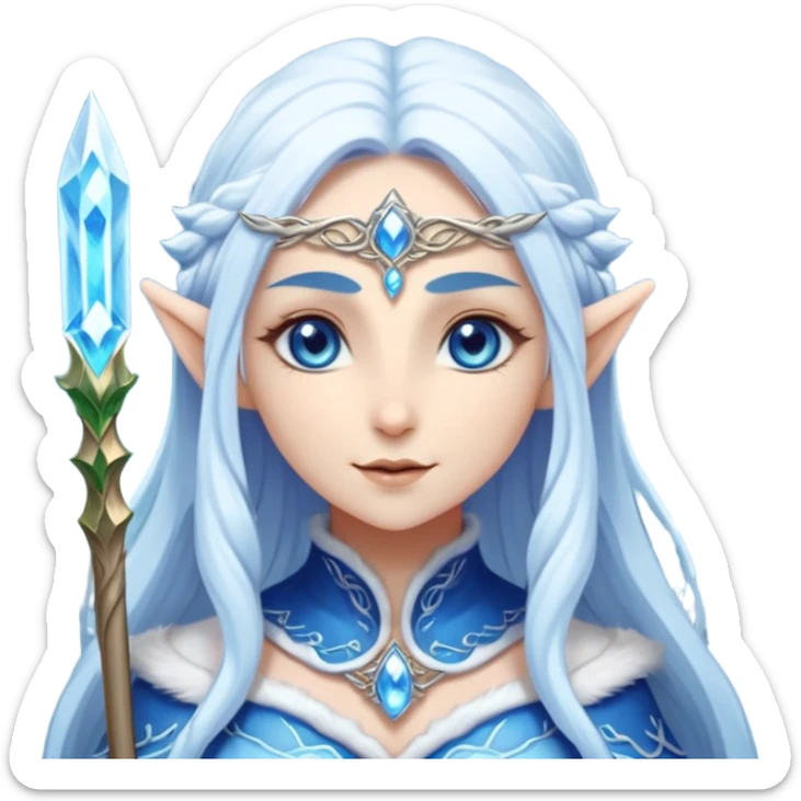 Legendary fantasy Christmas elf portrait icon, Santa Claus and Snow Maiden inspired, ancient winter spirit style, long flowing white-blue hair, glowing frost eyes, crystal staff, elegant elven features, divine winter magic aura, icy silver color palette, highly detailed but clean emoji icon sticker