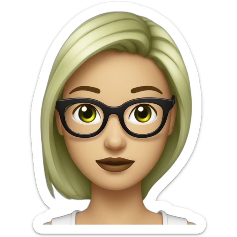 une fille avec de long cheveux noir lisse , des yeux vert , et avec des lunette (en forme de carrer un peu déformé) assez grosse comparer a ça tête , portant un pull noir sticker