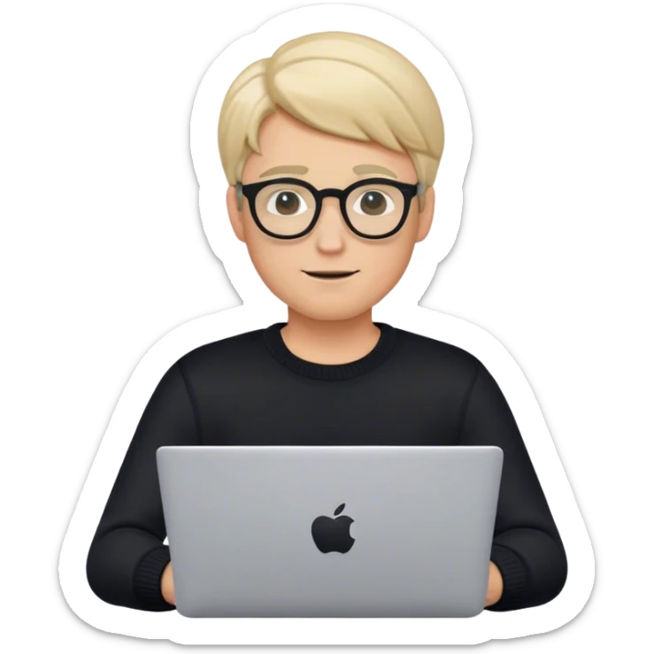 memoji of a man with a laptop in front, apple-style,modern,fair hair,black with oval pair of glasses sweater,computer in hand,sitting on his desk sticker