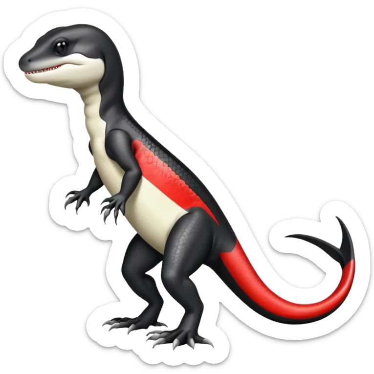 Black and white Orca-reptile-reptilian-lizard-skink-gecko-Digimon-Fakémon-hybrid full body, two legs, two arms, claws, tail, with red stripe sticker