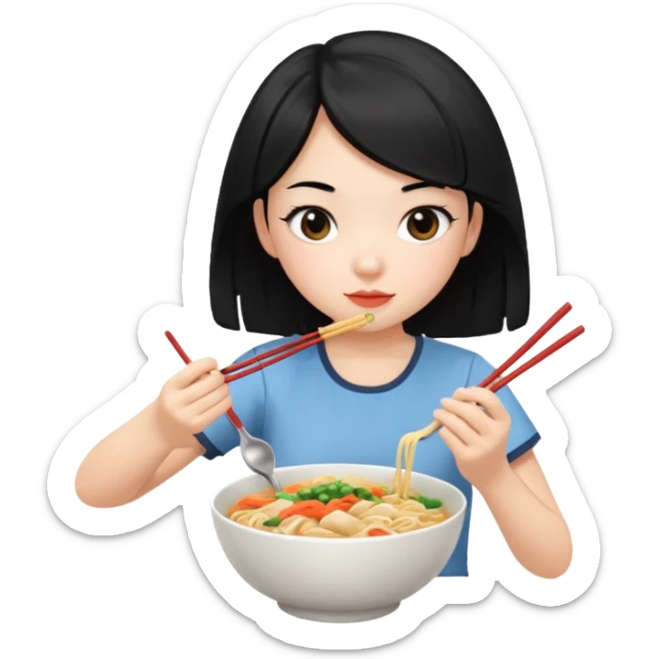 girl with black hair in short sleeves eating noodles with a spoon and chopsticks sticker
