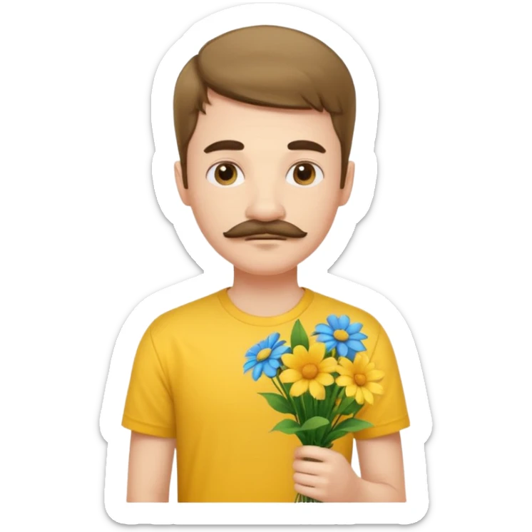generate an ios genmoji of a 20 year old fair boy with 3 mustache hair. should look like he cant grow a mustache., carrying a flower bouquet, wearing a yellow tshirt, looking shy sticker