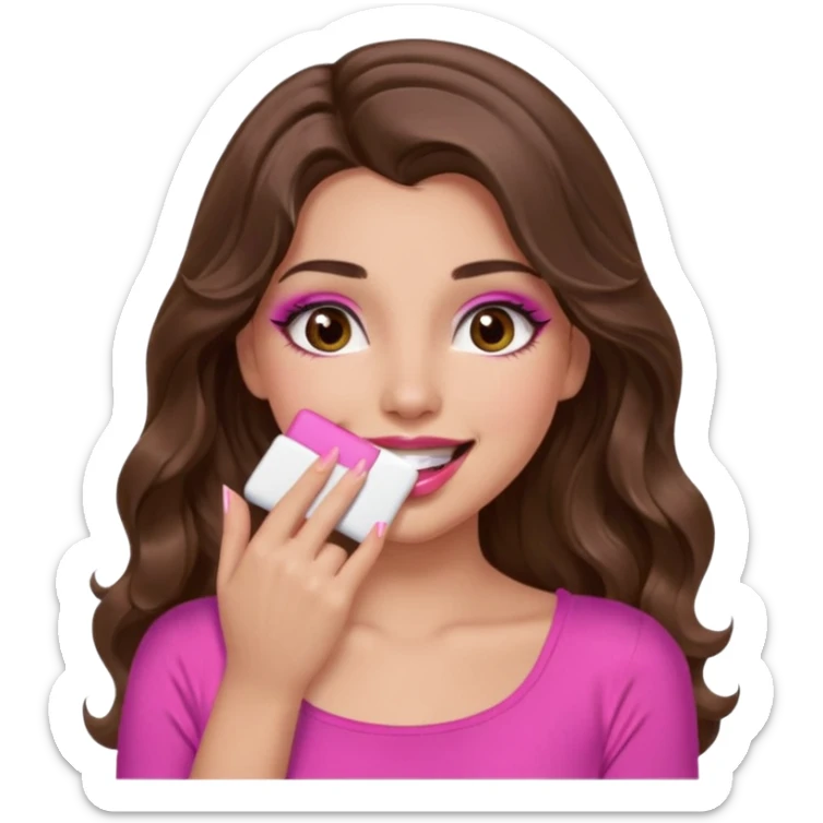 girl with long wavy brown hair, brown eyes, long lashes makeup, pink lips, light to medium complexion, pink sexy top, smiling, hand covering the mouth, giggling sticker