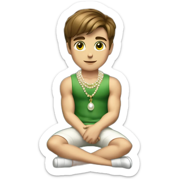Posh-muscle-boy-brown-hair-green-eyes-pearl-necklace-sitting-on-golden-cube sticker