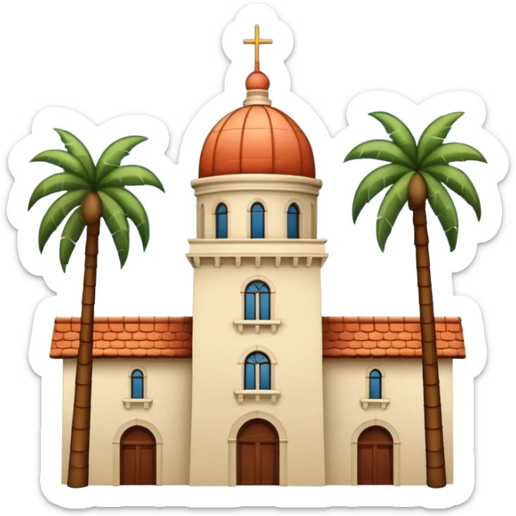 California Building with tile-domed roof and California Tower in San Diego, including palm trees, simple apple style emoji, white background, no text, inspired by reference photo sticker