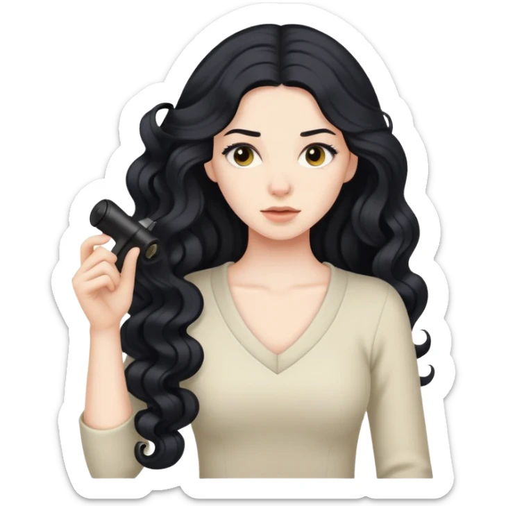 pale skinned woman with long black hair curling her hair, getting ready sticker
