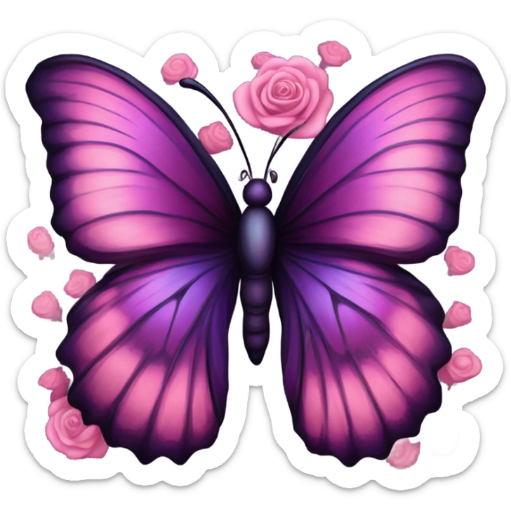 Aesthetic butterfly with purple and pink wings sitting on a dark purple bouquet of Roses in a pastel pink vase sticker