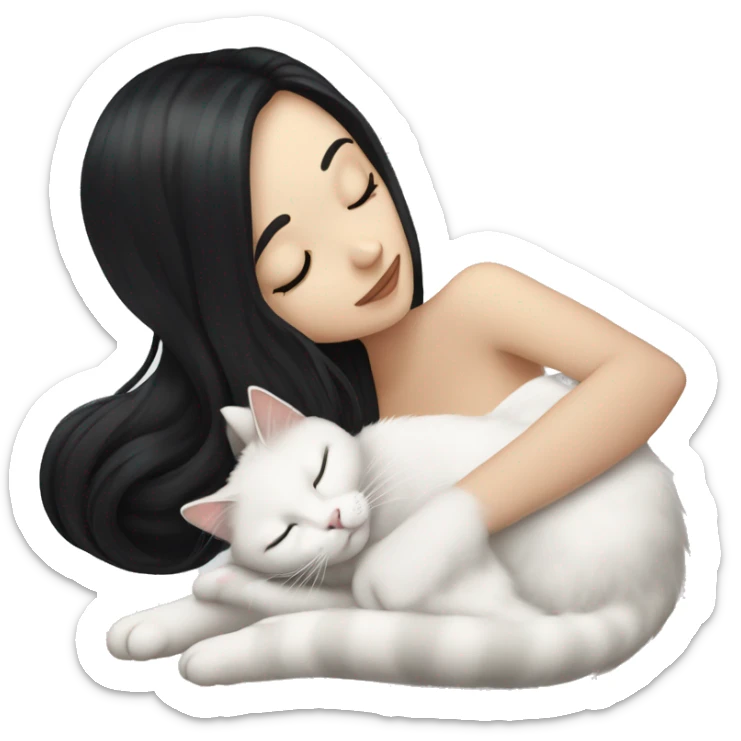 A pretty white girl with very long black hair and sleeping curled up to a white cat  sticker