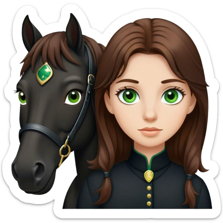 A brown hair, green eyes girl with a black horse sticker