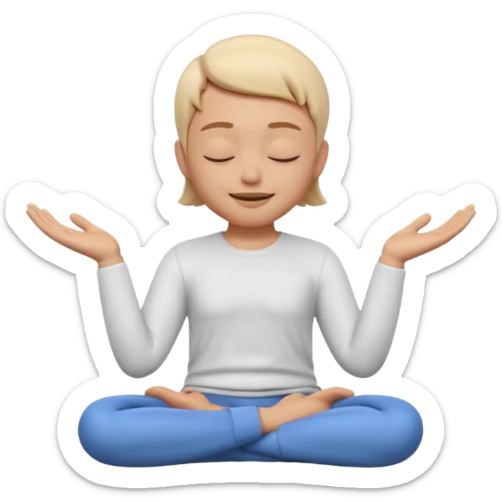 Apple Memoji style 3D character, male/female, eyes closed with a peaceful serene smile, hands making a 'zen' or 'relax' gesture, soft studio lighting, high resolution, 4k, octane render, clean 3D clay texture, vibrant colors, isolated on a plain white background." sticker