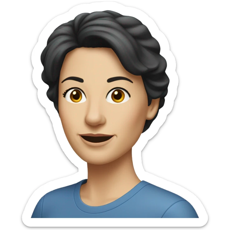 A head and shoulders shot of a 50 year old caucasian woman with short black hair wearing a tshirt. sticker