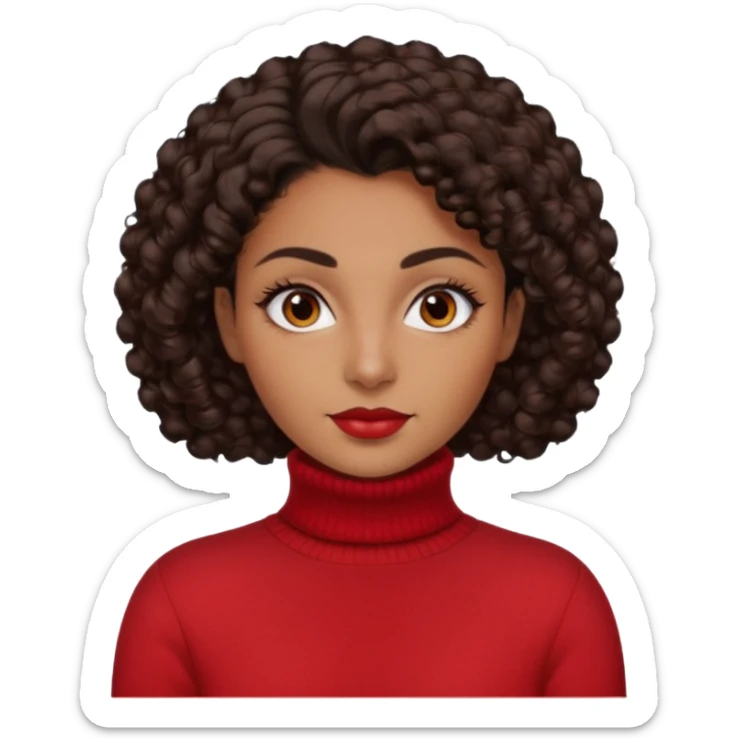 30 yr iranian woman dark brown hair curly wavy short hair, red turtle neck sweater, very thick eyebrows sticker