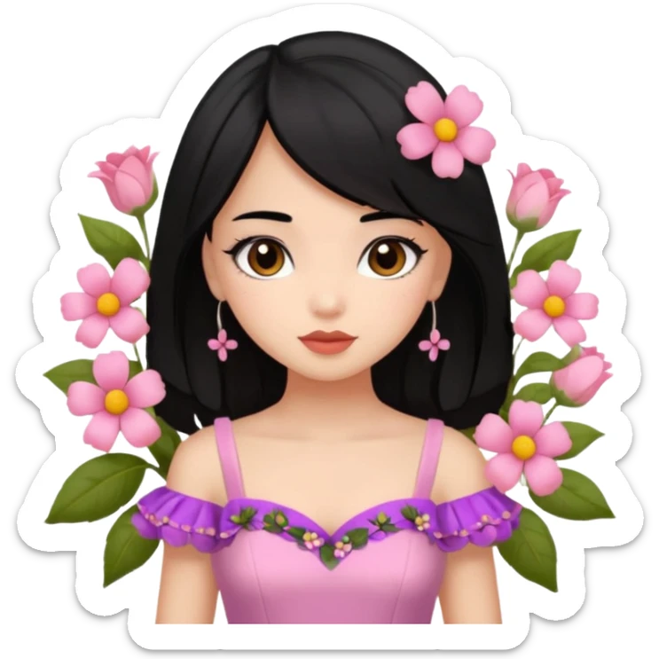 Pretty cute girl wearing a coquette dress, black hair with cute flowers, brown eyed sticker