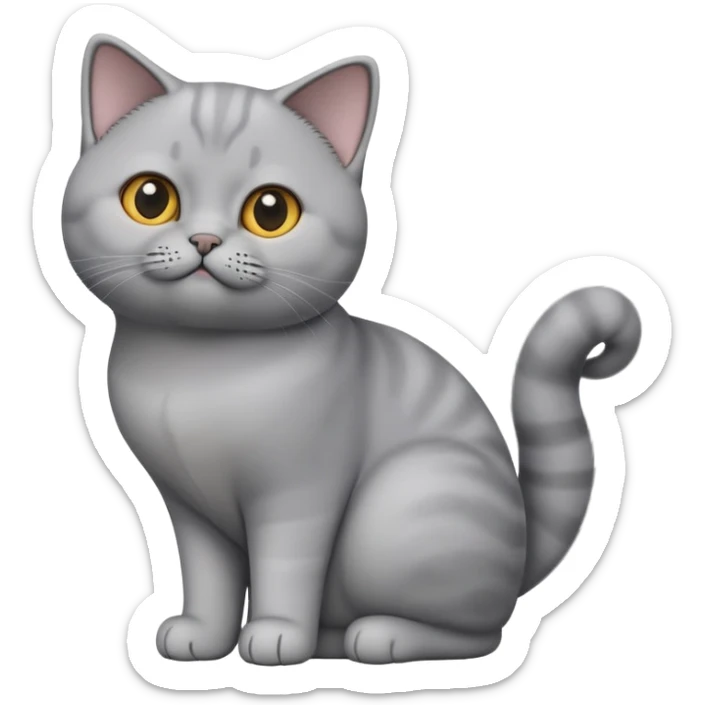 cinematic-[British shorthair cat]-realistic-full-body-sitting-emoji,-tail-curled-playfully-around-its-paws,-head-tilted-dramatically,-sleek-[grey]-fur,-simplified-yet-hilariously-adorable-features,-highly-detailed,-glowing-with-an-almost-sarcastic-glow sticker