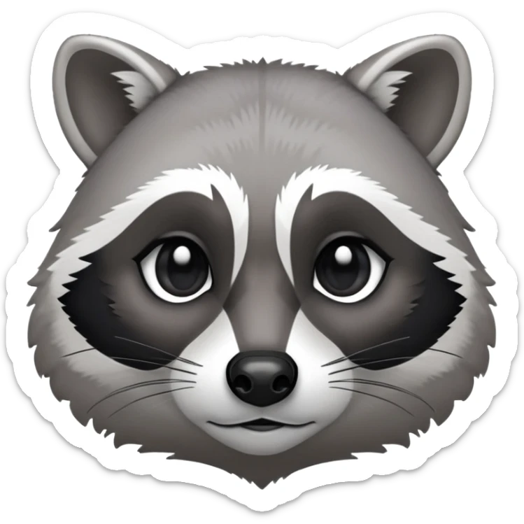 Cinematic-Noble-Raccoon-Portrait-Emoji – Poised and confident, with a sturdy build and a beautifully textured fur of silver-grey accented by dark black facial markings, deep-set, cute big black eyes, simplified yet sharp and sophisticated zoom out to show shoulders sticker
