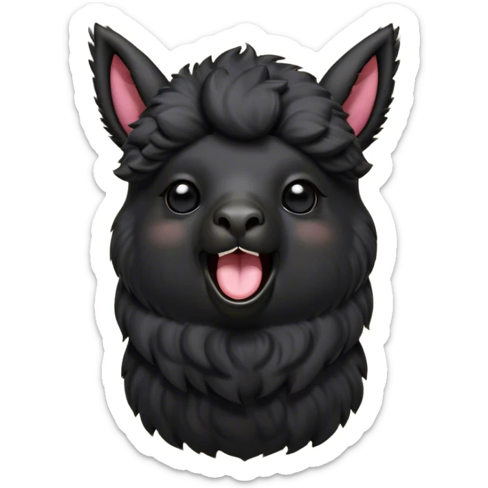 Cinematic Cute Yawning Black Alpaca Portrait Emoji, Head tilted slightly with a dramatic, wide-open yawn, showcasing a soft, plush jet-black fleece with gently drooping ears, round dark eyes barely open in drowsy contentment, Simplified yet irresistibly adorable features, highly detailed, glowing with a soft, cozy glow, high shine, relaxed yet expressive, stylized with a touch of whimsy, bright and endearing, soft glowing outline, capturing the essence of a sleepy yet affectionate alpaca, so drowsy it feels like it could stretch out of the screen and curl up for a nap! sticker