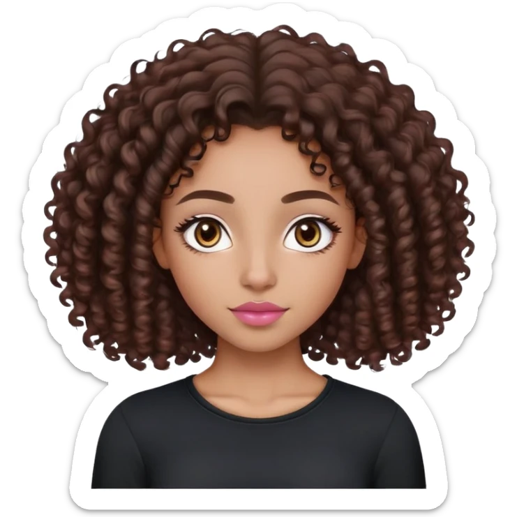 Lightskinned, dark brown curly hair girl (3a), Nubian nose, Full lips, with a natural pink-brown tone, dark brown almond eyes, Slight arched eyebrows, full, dark brown/black, wearing a black long sleeve top  sticker