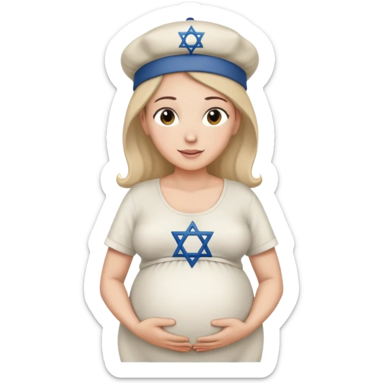 Pregnant Jewish person facing left with hands on belly, wearing a kippah and Star of David necklace sticker