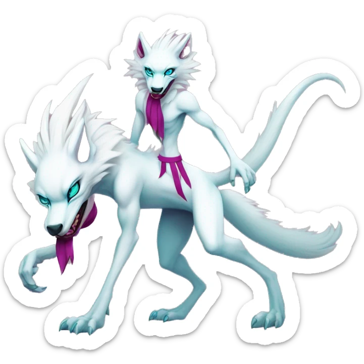 White elegant beautiful natural cute badass epic anthro modern albino sergal-vernid-Fakémon with cyan mane and magenta eyes with cyan edgy stripes, anthropomorphic, two-legged, digitigrade, full body sticker