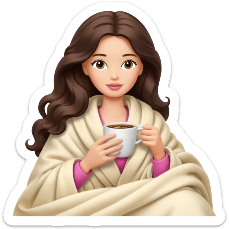 Barbie girl with a long wavy dark brown hair inside a cream blanket sipping coffee eyes closed sticker