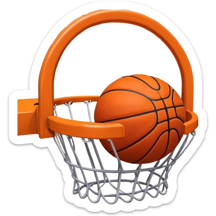 A close-up shot of a basketball entering the hoop, with the ball swishing through and inside  the basket. The background features a blurred basketball court, emphasizing the perfect shot and the excitement of the game. sticker