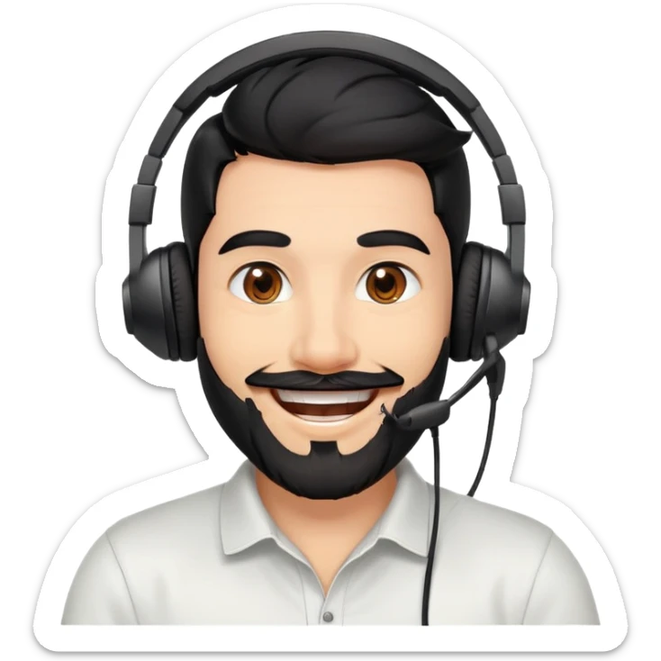Very happy excited grinning man with black hair, brown eyes, black beard wearing a gaming headset sticker