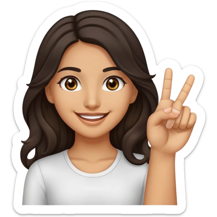 Girl with olive skin, brown eyes with long eyelashes and dark wavy long hair smiling while holding up the middle finger sticker