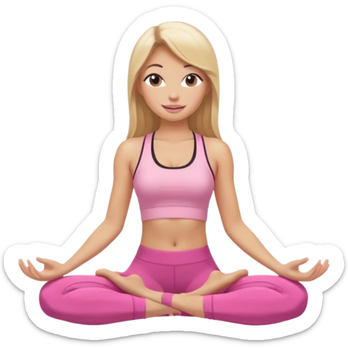 Mujer color de piel moreno con cabello rubio suelto y lacio y largo, que tenga gloss en los labios y se vea usando Blush rosita, usando un top rosa deportivo y leggins deportivo rosa en una pose de yoga sentada, viendo hacia enfrente con ojos negros y sonriendo sin mostrar los dientes sticker