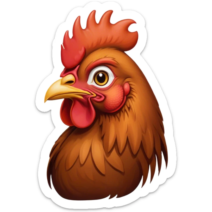 Cinematic Noble Brown Rooster Portrait Emoji, Poised and regal, with a robust, commanding build and a rich, well-groomed brown plumage, deep-set soulful warm eyes, Simplified yet sharp and sophisticated features, highly detailed, glowing with a soft, dignified glow, high shine, intelligent and proud, stylized with an air of rustic majesty, focused and attentive, soft glowing outline, capturing the essence of a watchful and confident leader, so majestic it feels as though it could crow out of the screen with effortless authority! sticker