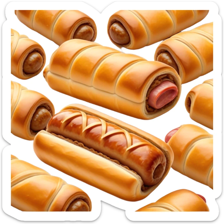 Cinematic Realistic Sausage Roll Dish Emoji, depicted with a crisp, golden pastry wrapped around flavorful sausage, rendered with detailed textures and appetizing lighting. sticker