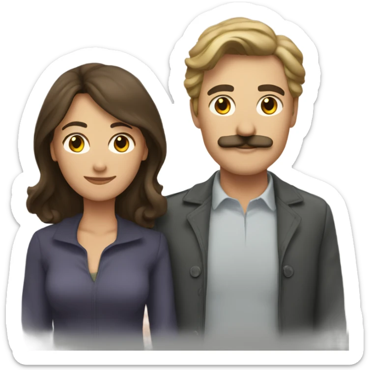 A male couple with dark blond hair and mustache and a medium-haired brunette woman sticker