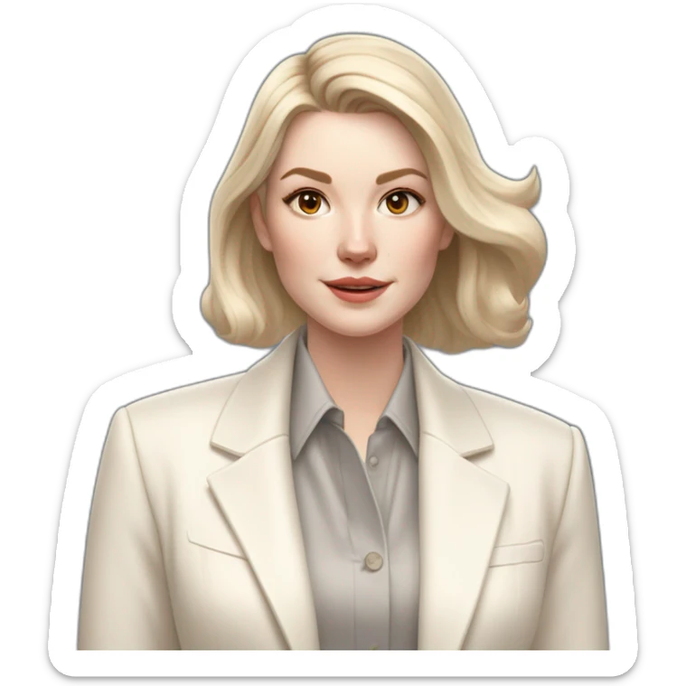 pale skin woman with ash blonde Straightened bob Hair, White Spacious classical jacket, beige palazzo Arrow pants and gray blouse holding white IPhone 15 pro in the hands sticker