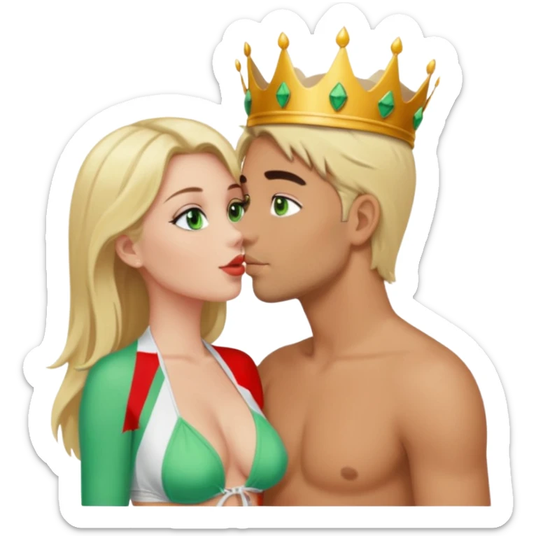 Blonde Queen Green eyes with crown in Bikini kissing Male subject dark Hair sticker