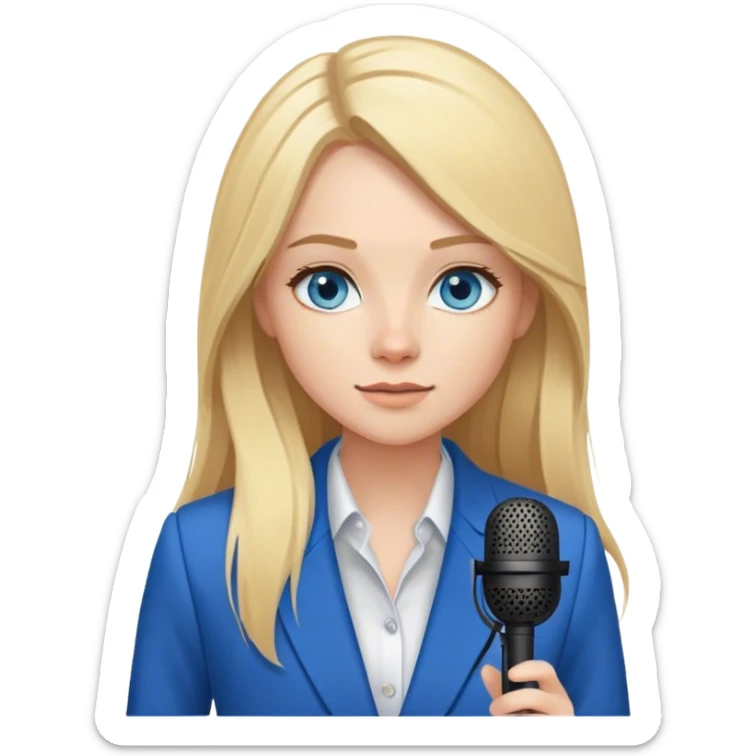 A young woman with long blonde hair and blue eyes, wearing a blazer, recording a podcast with a microphone sticker