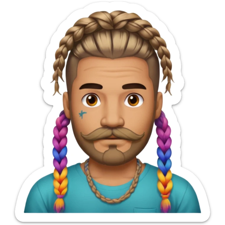 big lose braids starting from the top sides of the head hair like a unicorn man with mustache face wiith big visible loose only two braids and lots and lots of colored face tattoos colored tattoos like a tattoo artist hair unique color and beard sticker
