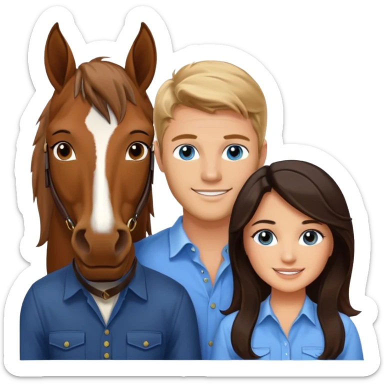 Smiling blue eyed trevor donovan with smiling brown eyed danica mckellan and one brown horse sticker
