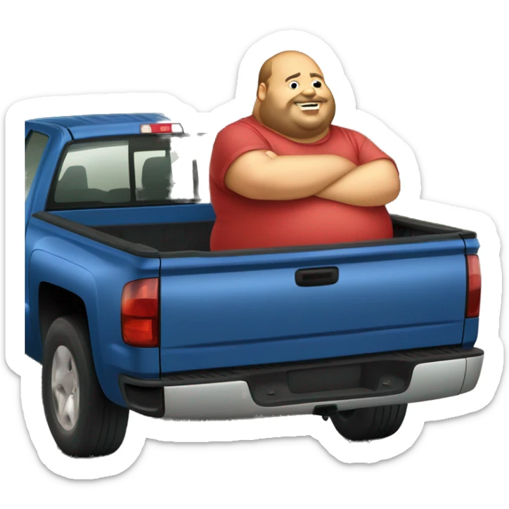 Extremely fat man sitting in the truck  bed of a 2006 Chevy Silverado  sticker
