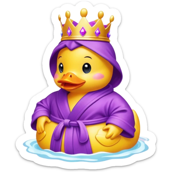 Yellow rubber Duckie with pink crown and purple beak and a purple bath robe sticker