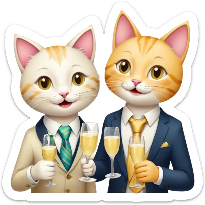 happy girl cat with eyelashes wearing a colorful necktie and happy boy cat wearing a professional necktie clinking champagne glasses together in celebration, both with cheerful expressions sticker