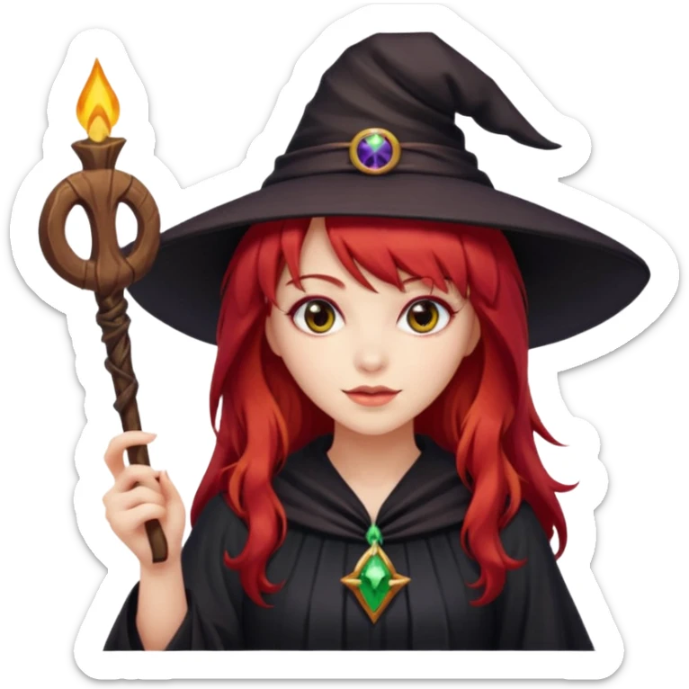 a witchy girl with long red hair and bangs holding a lucky sign sticker
