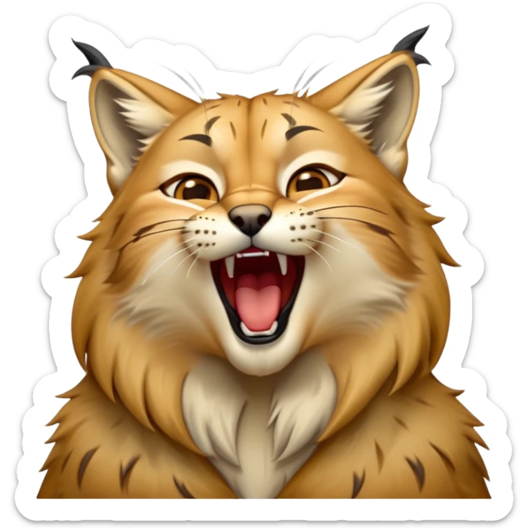 Cinematic-detailed-Yawning-Lynx-Portrait-Emoji – Head tilted slightly with a dramatic, wide-open yawn, revealing a sleek golden-brown fur coat with subtle spots, signature black ear tufts standing tall, round amber eyes barely open in drowsy contentment zoomed out to show the shoulders sticker