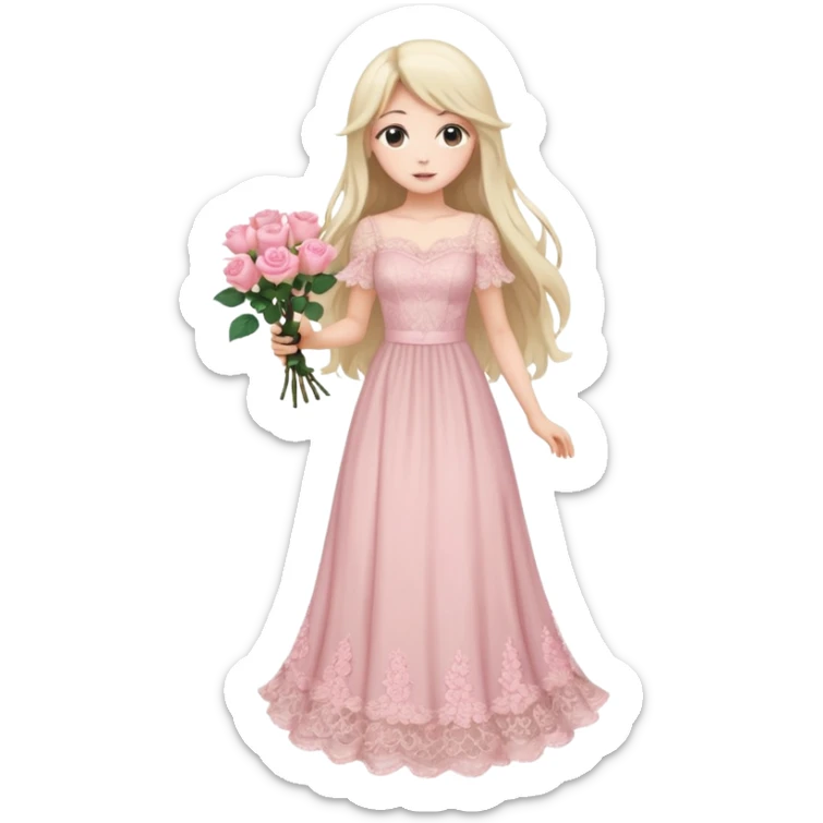 pastel anime woman with long hair pink roses lace dress full body sticker