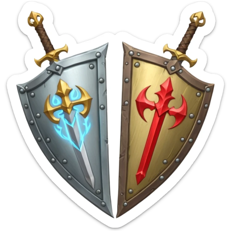  two sword cross, next to or in front of a shield, world of war craft style, elfen flare sticker
