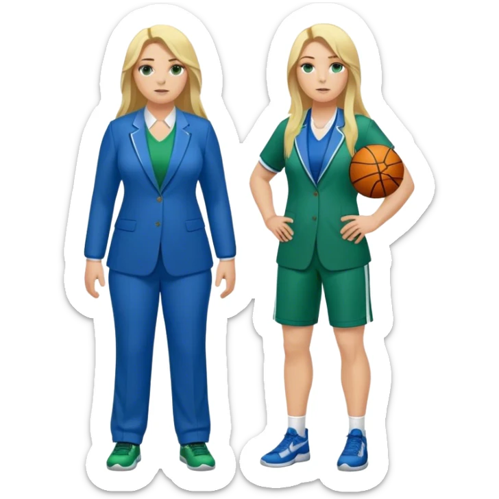 Full Body white plus size female basketball head coach with long blonde hair in a blue and green suit sticker
